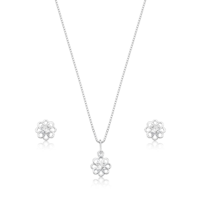 Conjunto Flor com Pedra no Meio Prata 925 – Delicadeza e Sofisticação | Prata & Co